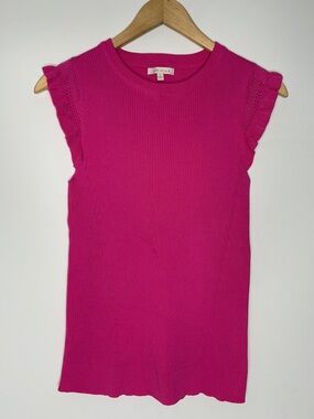 Skies Are Blue Sleeveless Ribbed Tank with Ruffle Shoulders - Fuchsia Pink
